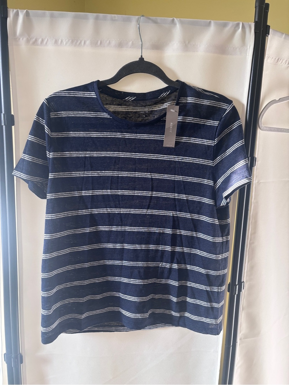 J. Crew Navy and White 100% Linen Striped Short Sleeve Crewneck Tee